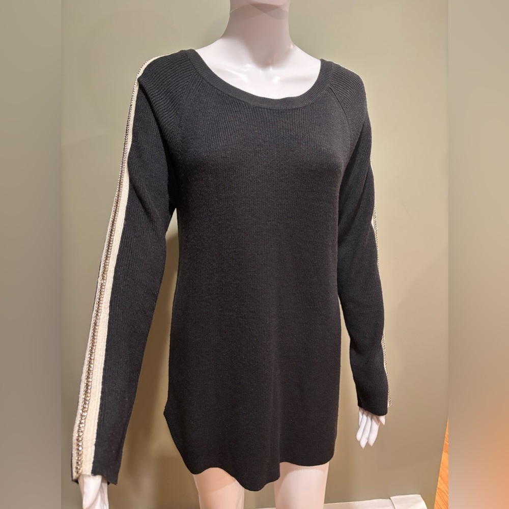 INC Black Sweater with White Stripe and Rhinestone Detail